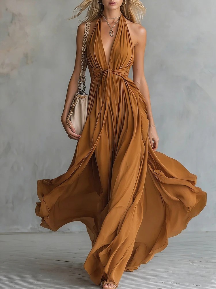 

Women Fashion Lace-up Solid Maxi Dresses Deep V Neck Sleeveless Evening Party Dress Summer Elegant Twist Waist Formal Long Dress