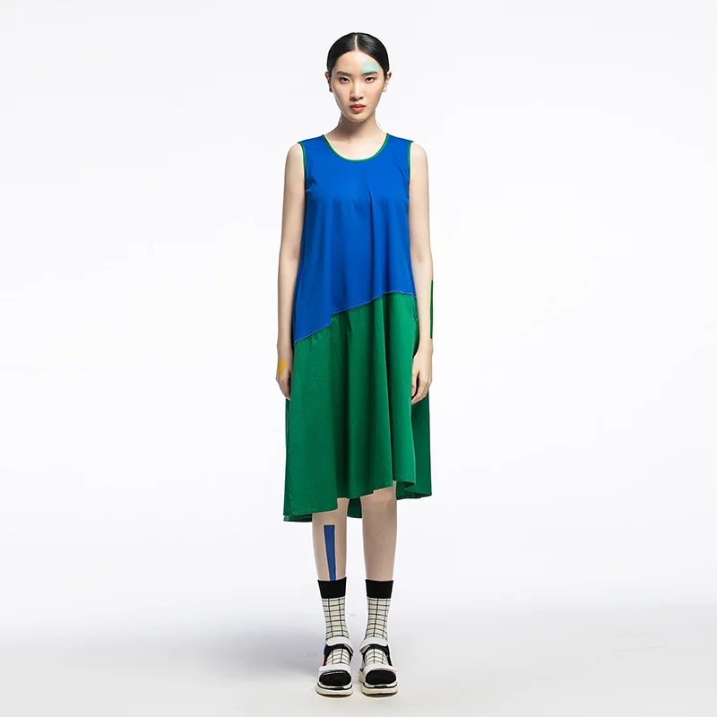 

Slimming Original Design Summer Color Loose round Ne Dr Asymmetrical Splicing Vest Skirt Women's Faion Dr