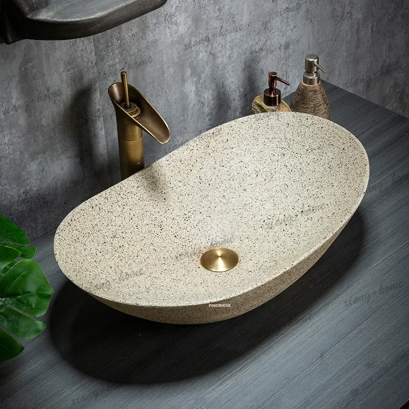 PG Household Bathroom Sinks Oval Art Carved Ceramic Artisan-crafted Countertop Basin Bathroom Outdoor Washbasin