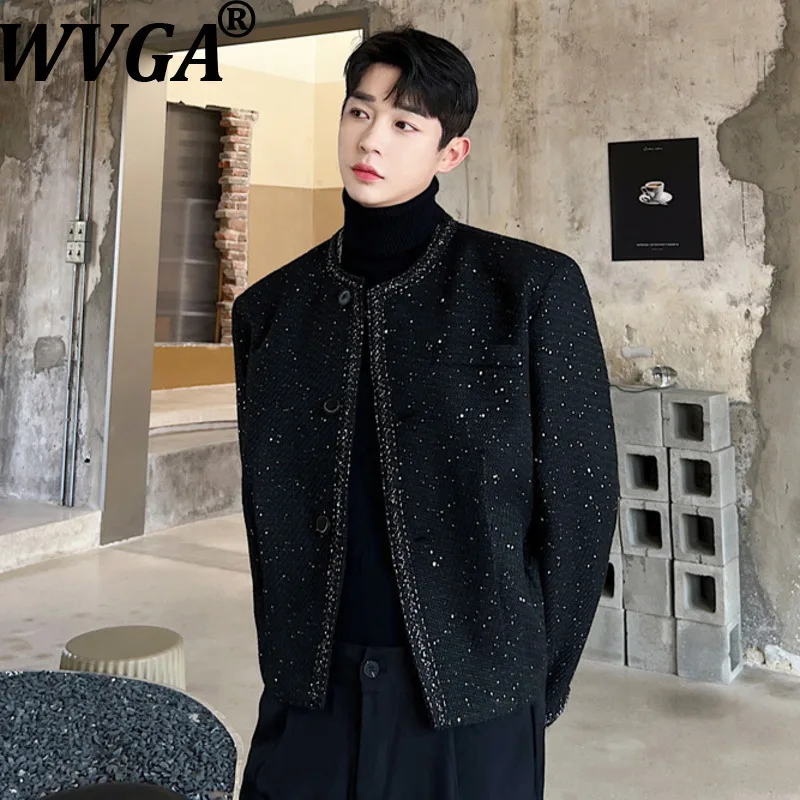 

WVGA Spring Autumn New Men Tide Elegant Collarless Short Jacket Niche Casual Long Sleeve Suit Shiny Tweed Trendy Coat Ins W16554
