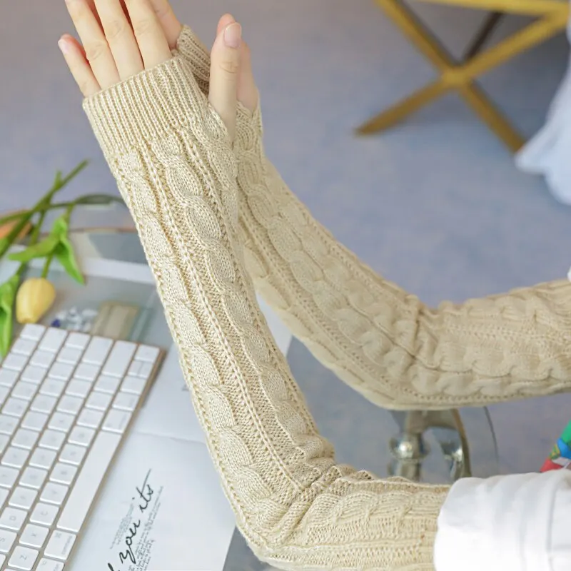 Winter Warm Knit Long Fingerless Gloves Casual Simple Knit Women Cable Arm Warmers Cycling Cold Proof Skiing Outdoor Arm Warmers