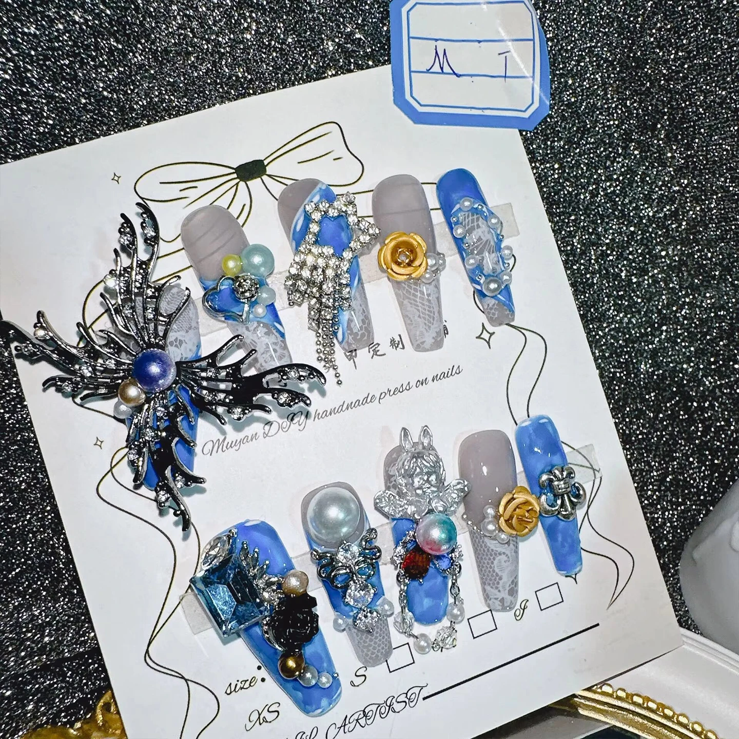 Luxury Blue Grey Press On Nails with Diamonds Pearls Metal Flowers for Evening Party Ball Performance Fashion Show Elegant Dream