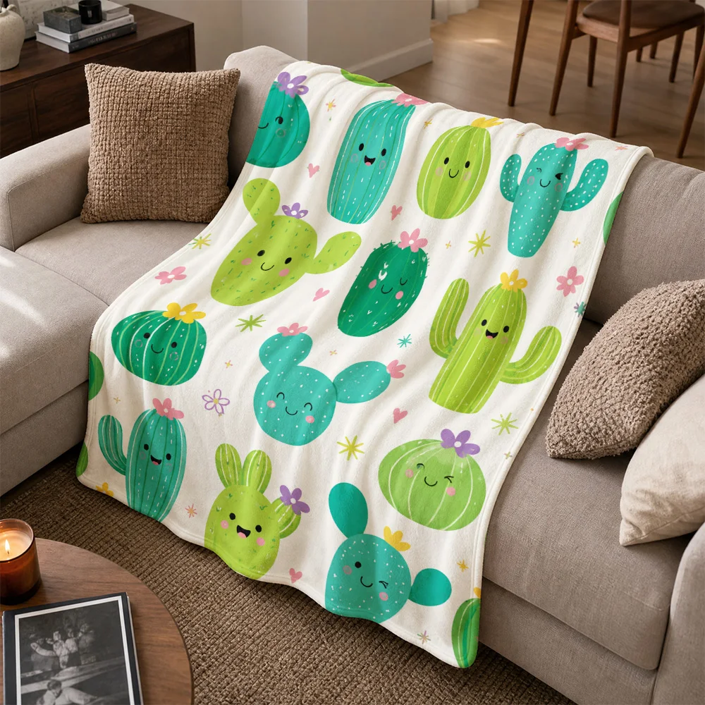 Boho Cactus Print Throw Blanket for Sofa Couch Decor Succulent Botanical Aesthetic Knit Throw Fuzzy Winter Warmth Gift
