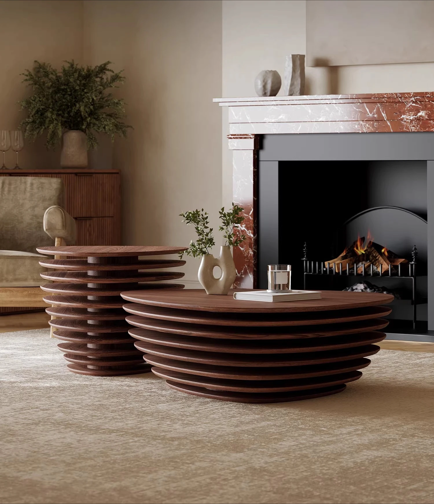 Medieval solid wood special-shaped coffee table combination living room home designer 2026 new elm leather retro high-end sense