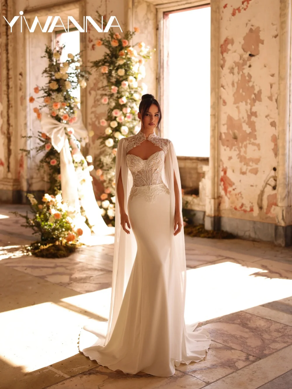 

Glimmering Beaded Satin Wedding Dress With Cape Elegant Sweetheart Neck Bridal Gown Customized Floor-length Dresses For Bride