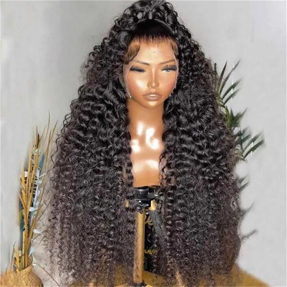 Natural preto kinky encaracolado longo macio preplucked 180 densidade perucas dianteiras do laço para mulheres com cabelo do bebê sem cola boa textura