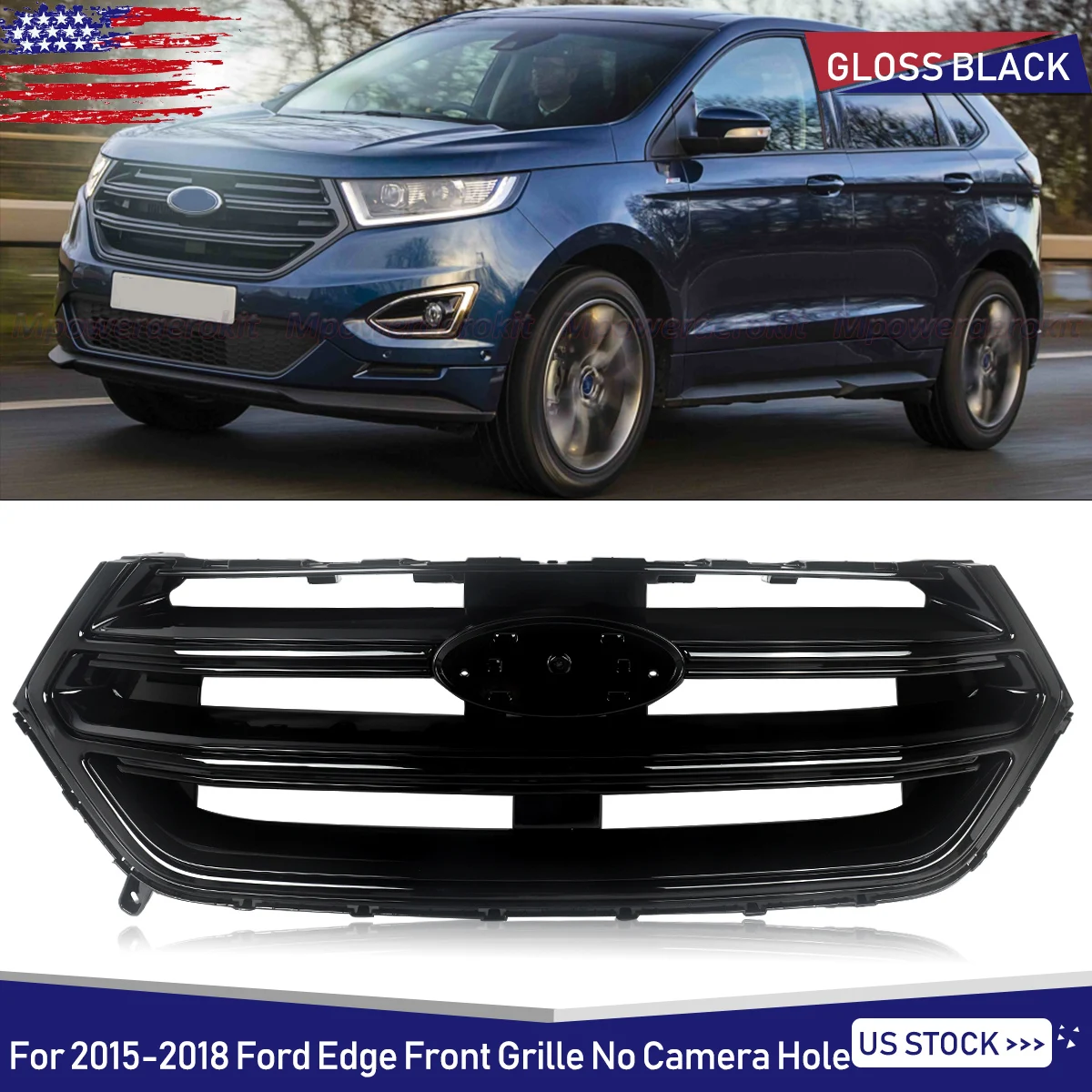 SAIQINGSP 1Pcs Front Bumper Upper Grille Grill Fit for 2015-2018 Ford Edge W/O Camera Hole Car Accessories Tools