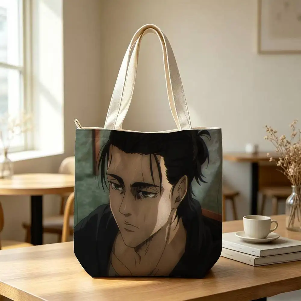 Attack on Titan Eren Yeager Anime Tote Bag for Women Reusable Shopping Tote Bag Zippered Shoulder Bags Print 3