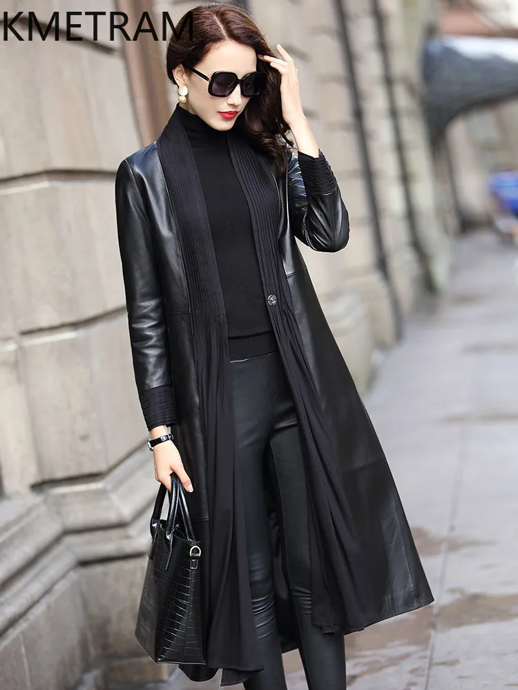 KMETRAM 100% 天然羊皮レザージャケット女性の革のジャケット高品質黒女性コート 2025 秋のファッションロング服ロパ mujer