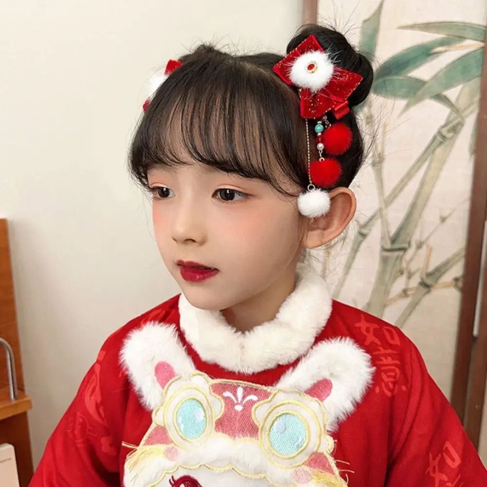 

Lovely Tassel Children Red Hairpin Bow Plush Hanfu Hair Sticks Baby Headwear Tang Suit Hair Clip Chinese New Year Headwear Baby