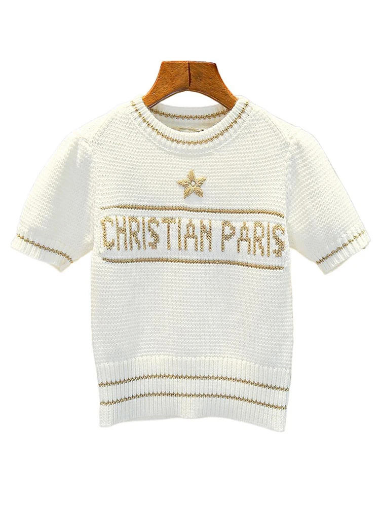 Zoete en zachte gebreide top met letterborduurwerk Dames T-shirt Woon-werkverkeer Sle ort Sve rond Ne Basic Faion Herfstkleding