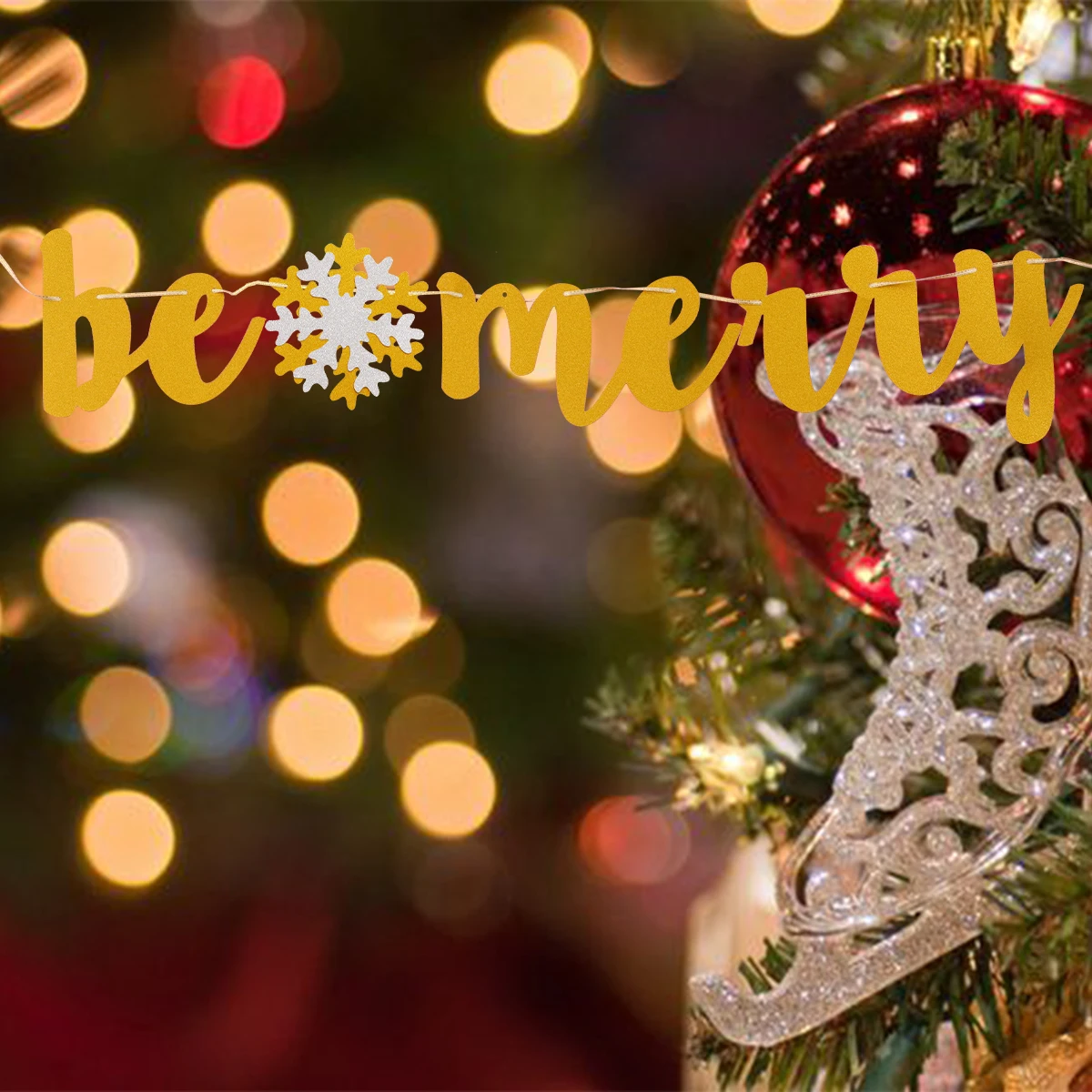 

1pc Christmas Decorative Paper Banner Party Holiday Golden Glitter Creative Theme Decoration Banner For Festival Party