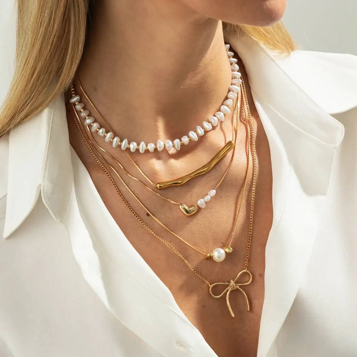 

KunJoe 5Pcs/Set Trendy Imitation Pearl Chokers Necklaces for Women Exquisite Gold Color Bowknot Heart Pendat Necklace Lady Gift