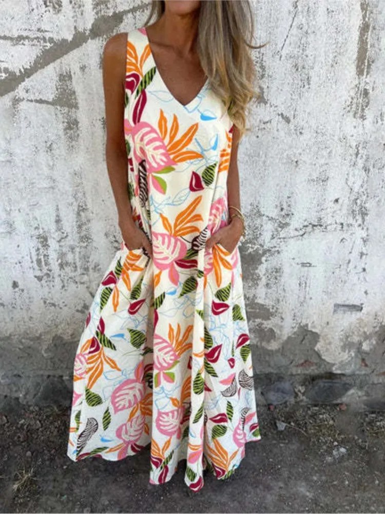 

Summer Casual New Printed Loose Long Dresses 2025 Women's Fashion Sexy V-neck Sleeveless Vest Dress Woman Boho Beach Dress