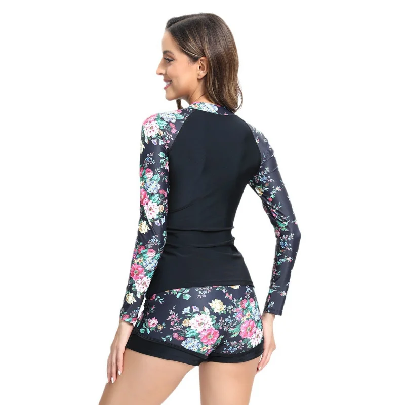New Two-Piece Swimsuit for Women, Conservative Long Sleeve Sun Protection Printed Bikini, Hot Spring Vacation Swimwear