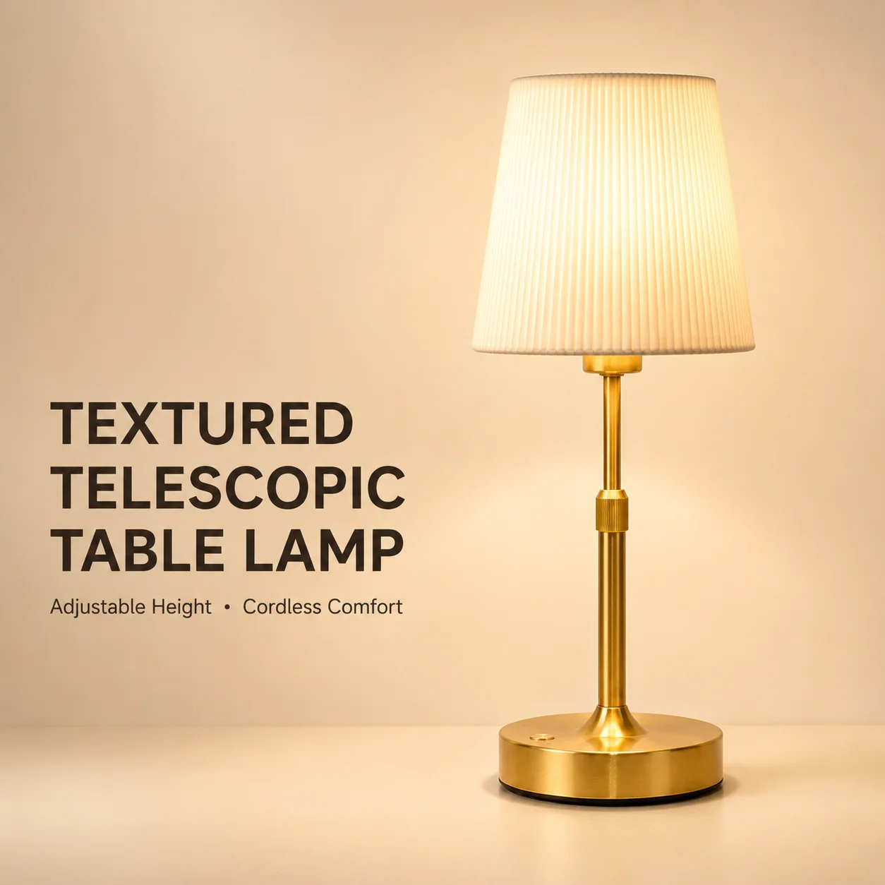 LED Table Lamp Gold Telescopic Height Pleated Shade 3 Color Temperatures Stepless Dimming Type-C Rechargeable for Bedroom Study