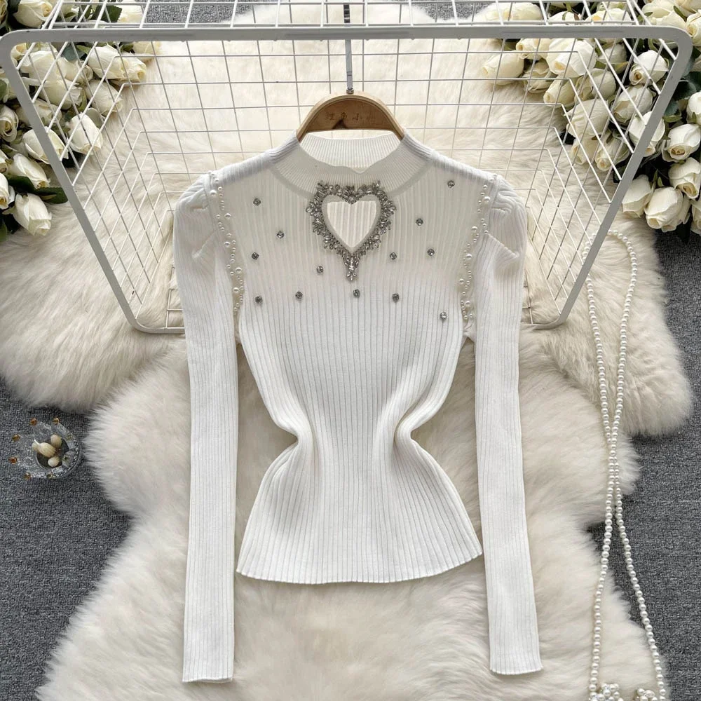 winter Elegant Diamond Pearl Beading Short Pullover Sweater Fashion Elastic Knitted Puff Long Sleeve O-Neck Knitwear