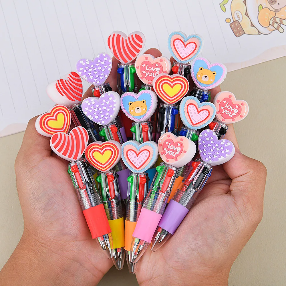 4 Colors/Pen Heart-Shaped Ballpoint Pen - Cute Cartoon Love Pen Press Type Multi-Color Pen Back to School & Valentine's Day Gift
