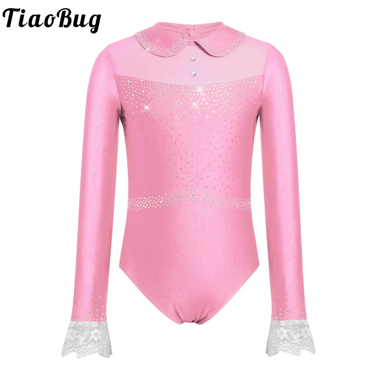 Mädchen Strass-Tanzleotard Ballett-Unitard mit Spitzenmanschetten Langarm-Reißverschluss-Bodysuit-Kleider für Gymnastik Eiskunstlauf