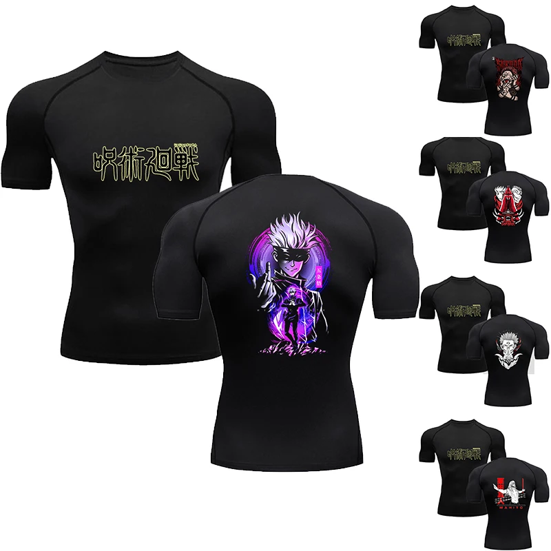 Men's Shirt Fitness Workout Anime Sport Tight Gym T Shirts Athletic Quick Dry Tops Tee Summer