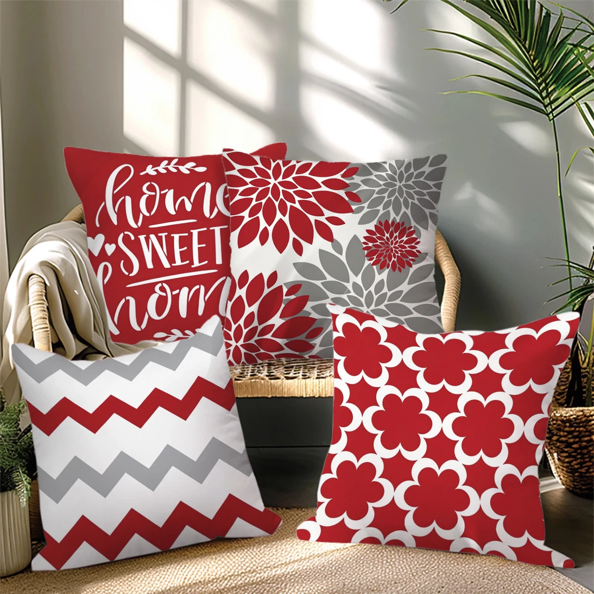 4pc Red Grey Farmhouse Throw Pillow Covers Home Sweet Home Dahlia Chevron Floral Cushion Cases for Sofa Bedroom Living Room