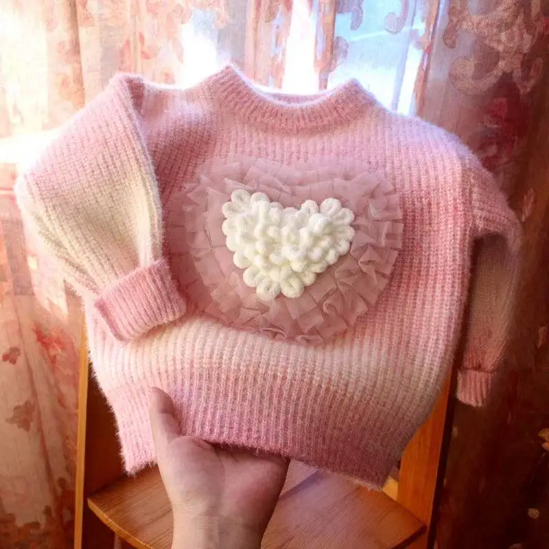 

Children's Sweater Autumn And Winter New Girl's Love Mink Plush Knitted Bottom Sweater Kids Baby Knitted Top 90-130CM