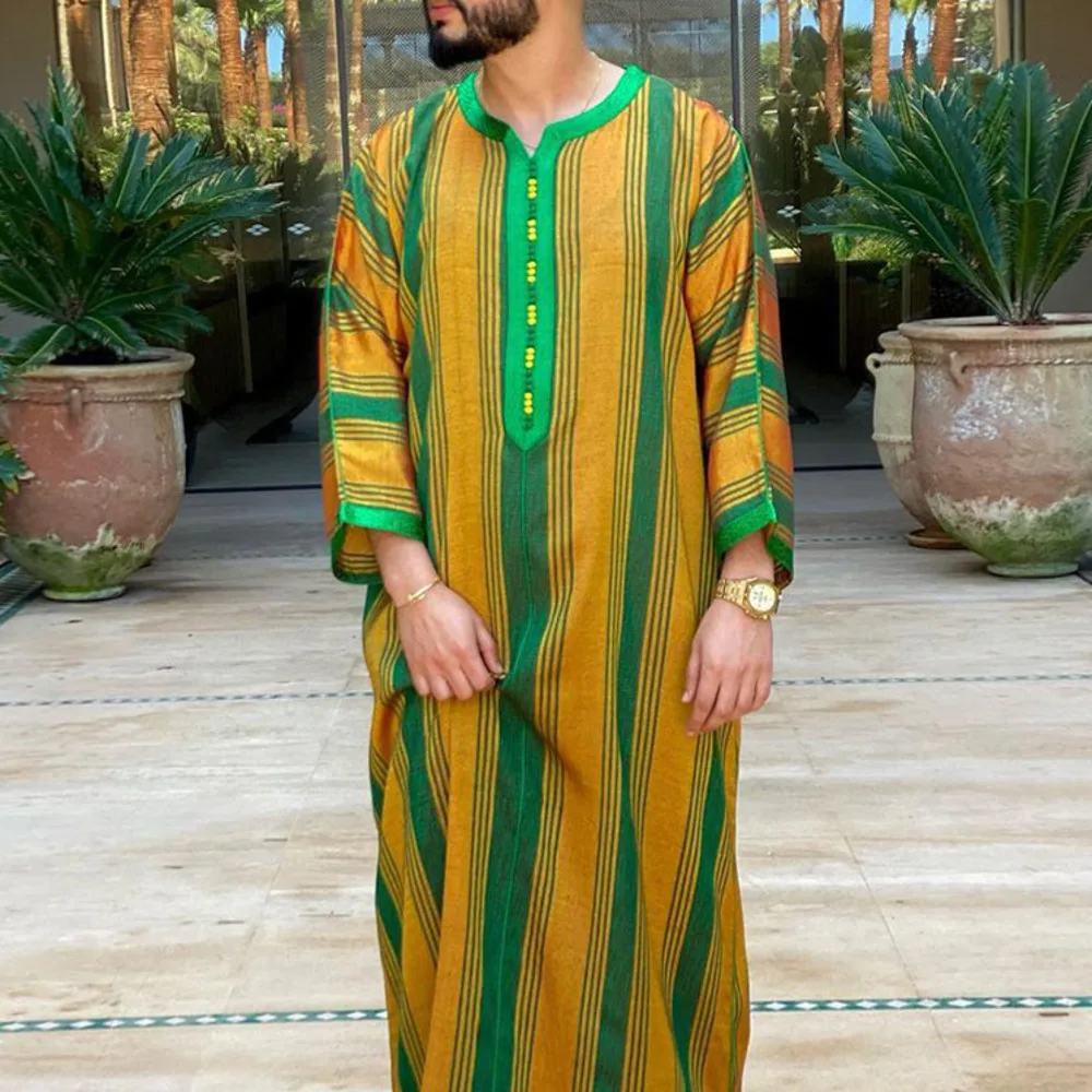 Spring New Saudi Arabian National Stripe Contrast Loose Long Sleep Robe Abaya Jellaba Islam Kameez Thobe Arab Men's Shirt Muslim