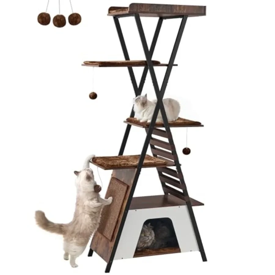 

72.4 Modern Cat Tower for Indoor Cats - Multi-Level Condo With Caves, Tall Tree With Scratching Board, Wooden Tower With Large
