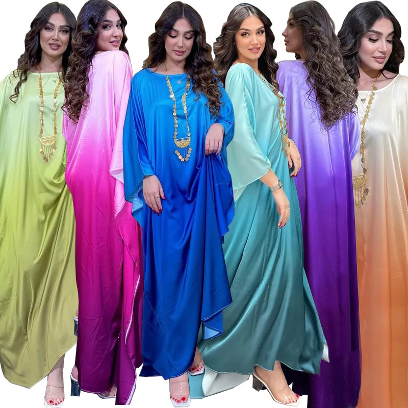 

Islamic New Colorful Clothing Dress Robe Dubai Muslim Ladies Long Batwing Sleeve Cardigan Oversize Loose Satin Abaya Dress Gown