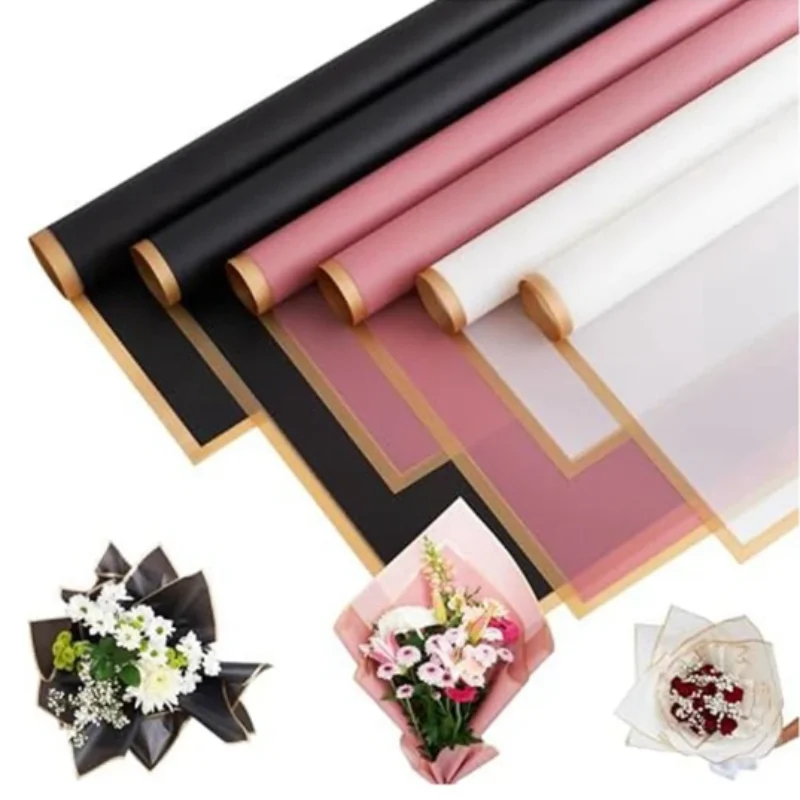 20 Sheets Flower Wrapping Paper Golden Border Rose Korean Style Half Transparent Gift Packing Florist Bouquet Wrapping Material