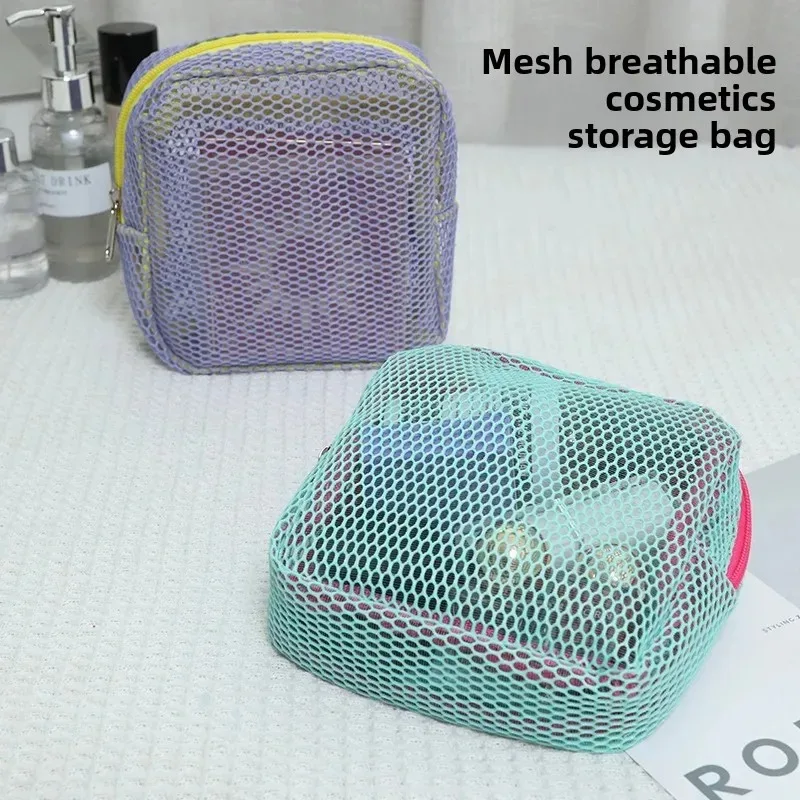 

Mini Portable Large Capacity Nylon Mesh Cosmetic Bag Hollow out Design Toiletry Bag for Traveling Pure Color Storage Pouch