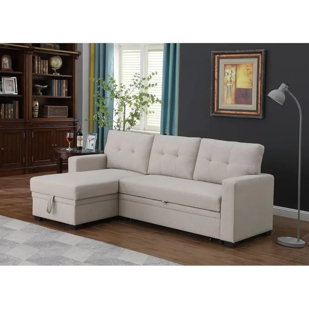 

Fabric Reversible Sleeper Sectional Sofa-Beige Living Room Sofas Convertible Modular Furniture Home