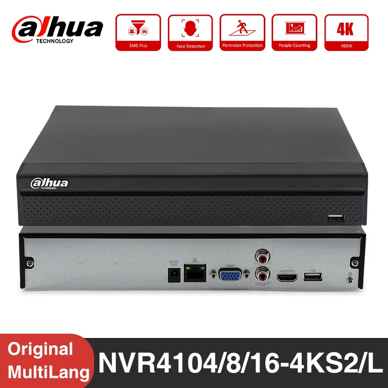 Dahua NVR4104HS-4KS2/L NVR4108HS-4KS2/L NVR4116HS-4KS2/L 4/8/16 CH P2P Compact 1U 4K&H.265 ONVIF Lite Network Video Recorder