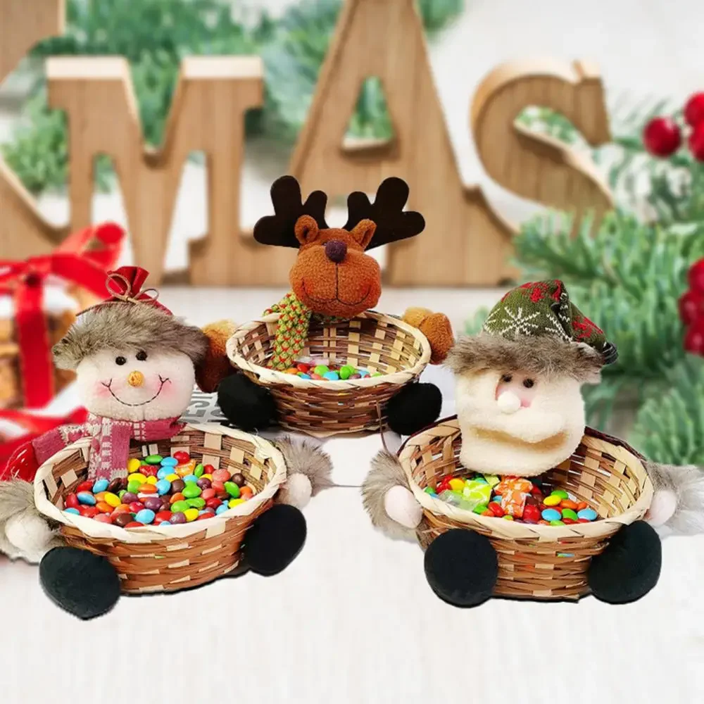 Christmas Candy Basket Santa Snowman Elk Decorative Bamboo Basket Fruit Basket Food Storage Rack Christmas Home Decoration