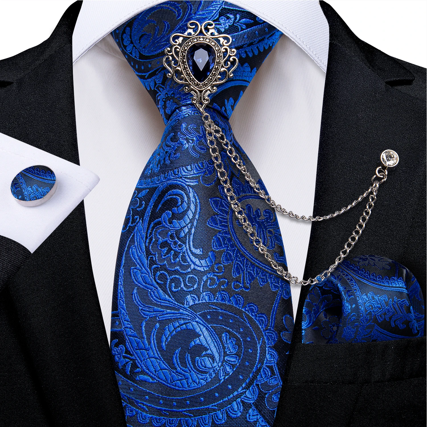 Royal Blue Paisley Floral Check 8cm Silk Ties for Men Wedding Prom Groom Accessories Cravat with Brooch Chain Pocket Square