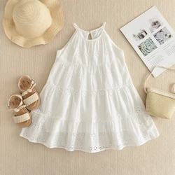 Summer Solid Color Casual Girl Dress 2-7 Year Old White Mid Length Suspender Dress Cotton Wear Plain Kids Clothing