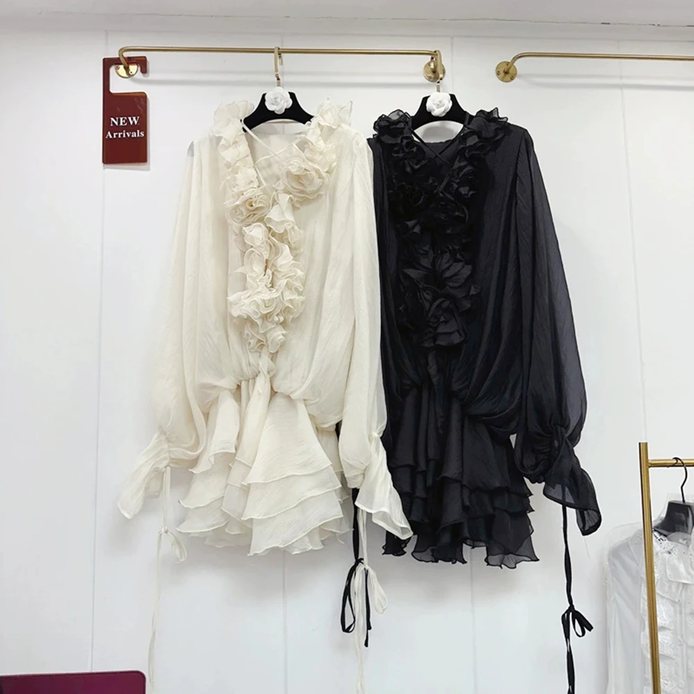 

European and American chic flower lace irregular ruffle skirt lantern holiday style long sleeve dress-GZXX396