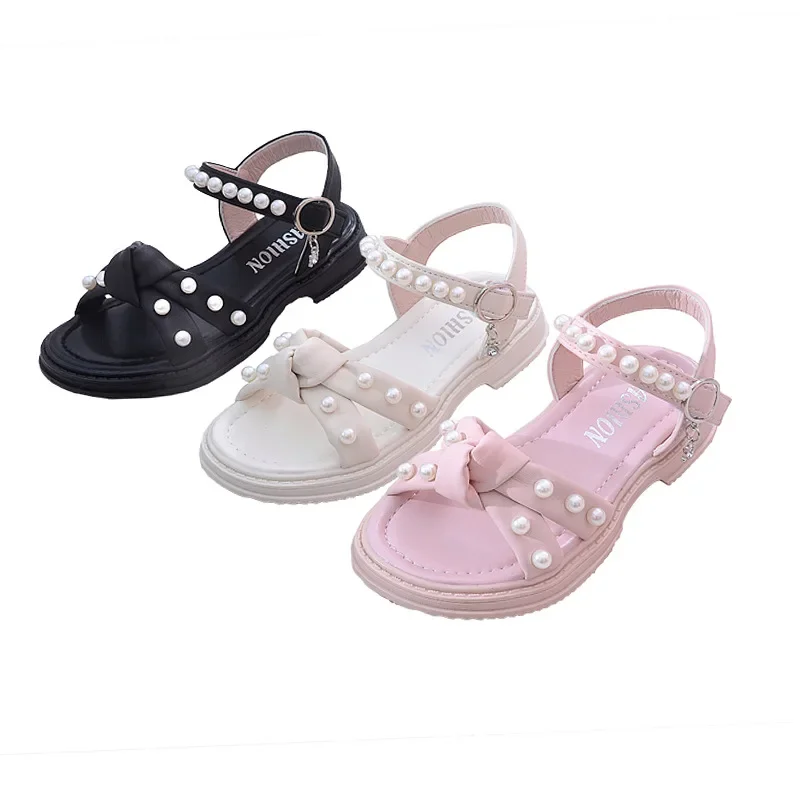 Sandales à perles pour filles, chaussures de plage pour enfants, sandales plates d'été, chaussures de princesse pour enfants 26-36, 2023