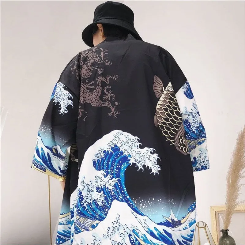 

Black Kimono Cardigan Women Men Japanese Obi Male Yukata Men's Haori Japanese Wave Carp Print Coat Traditional Japan Clothing