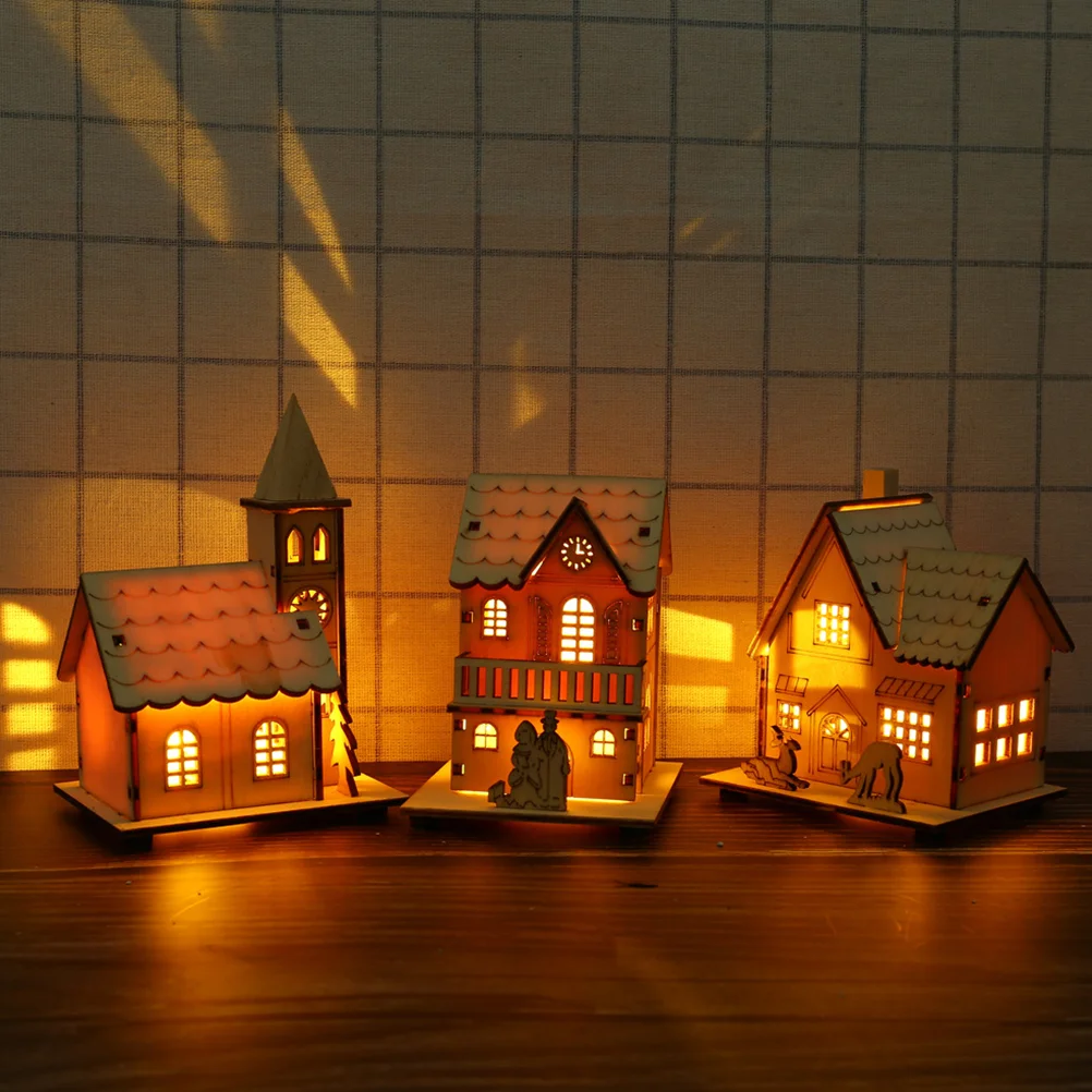 Christmas Village Houses Wooden Illuminated Cabin Decorations Desktop Ornament Luminous Tabletop Fireplace