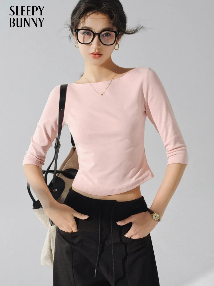 

Off Shoulder Slim T Shirt Women Elegant Boat Neck 3/4 Sleeve Top Autumn Stretchy Base Layer Casual Chic Skinny Undershirt Blouse