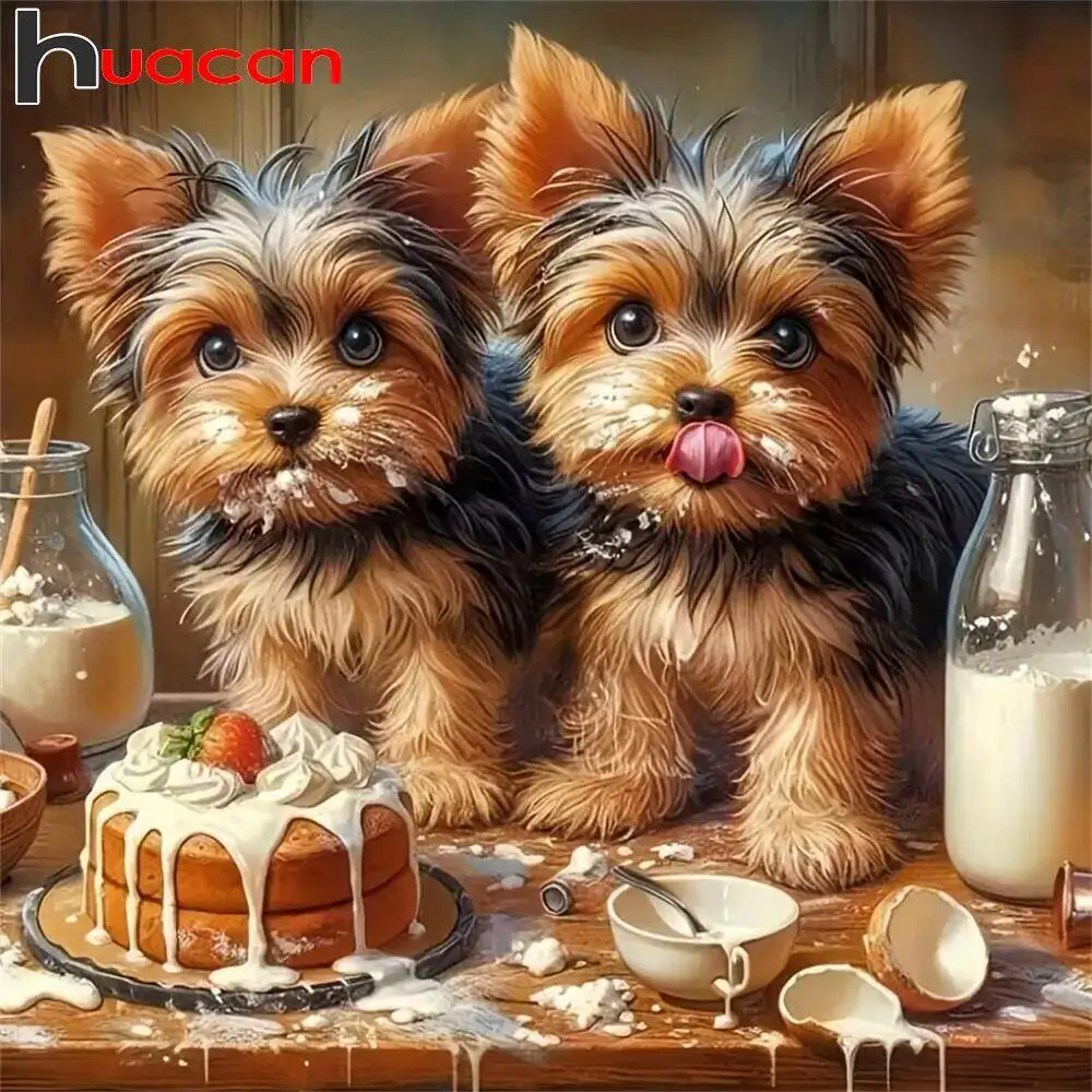 Huacan 5D-Diamantgemälde zum Selbermachen, Hund, Tier, Kuchen, rund, quadratisch, Diamant-Mosaik, Wohnzimmer, Wanddekoration