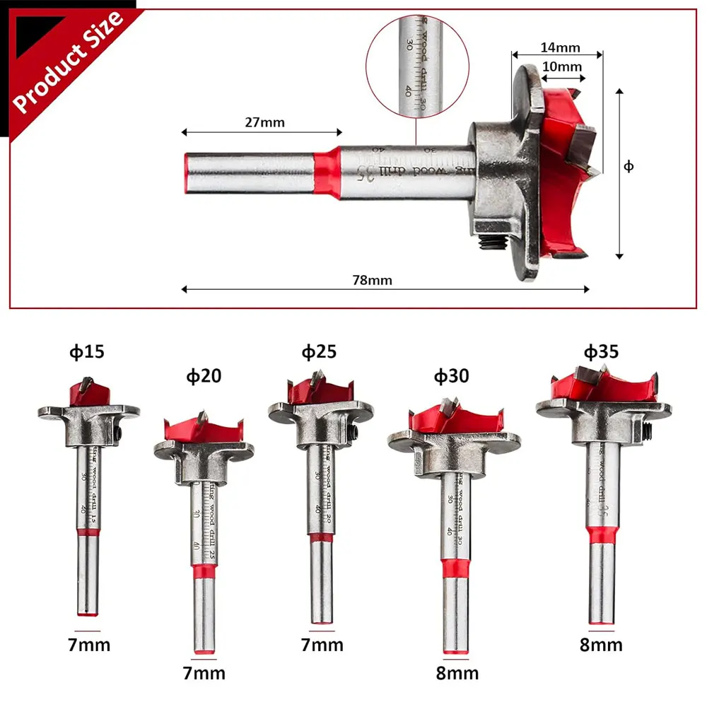 Binoax 5Pcs Adjustable Positioning Drill Bit Set 15/20/25/30/35mm Hinge Hole Opener Forstner Bits for Wood Drilling