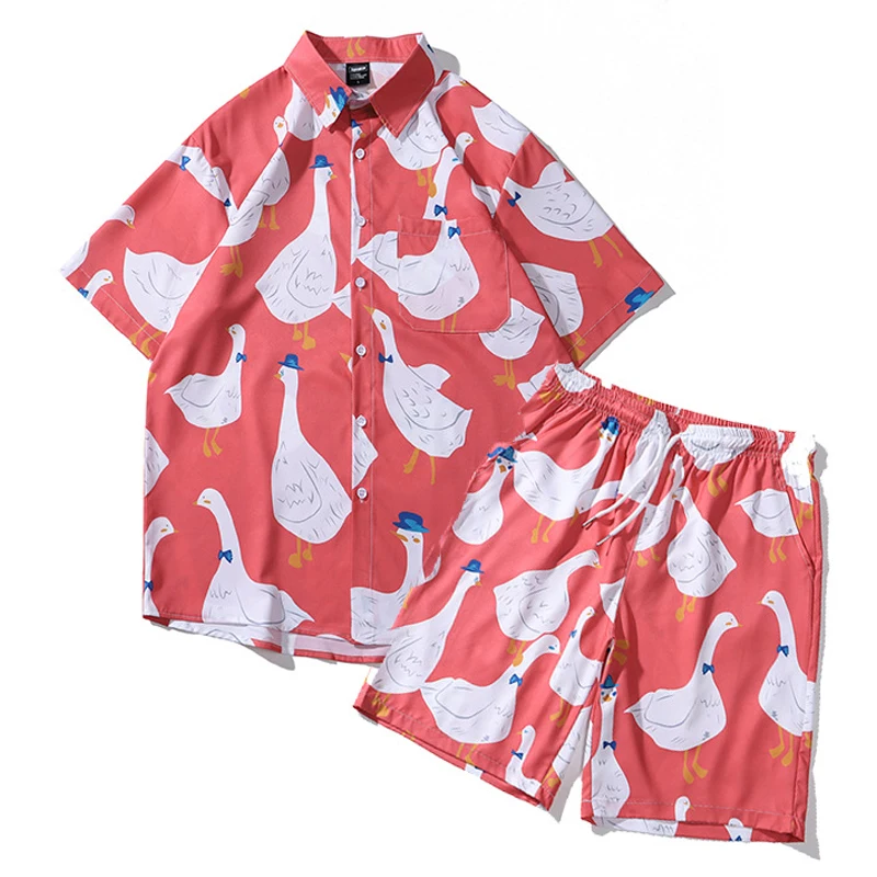 Ducks Full Print Hawaii Shirts and Shorts Summer Beach Holiday Men's Set Thin Material Loose Outfit Set Male Casual Sports Suits