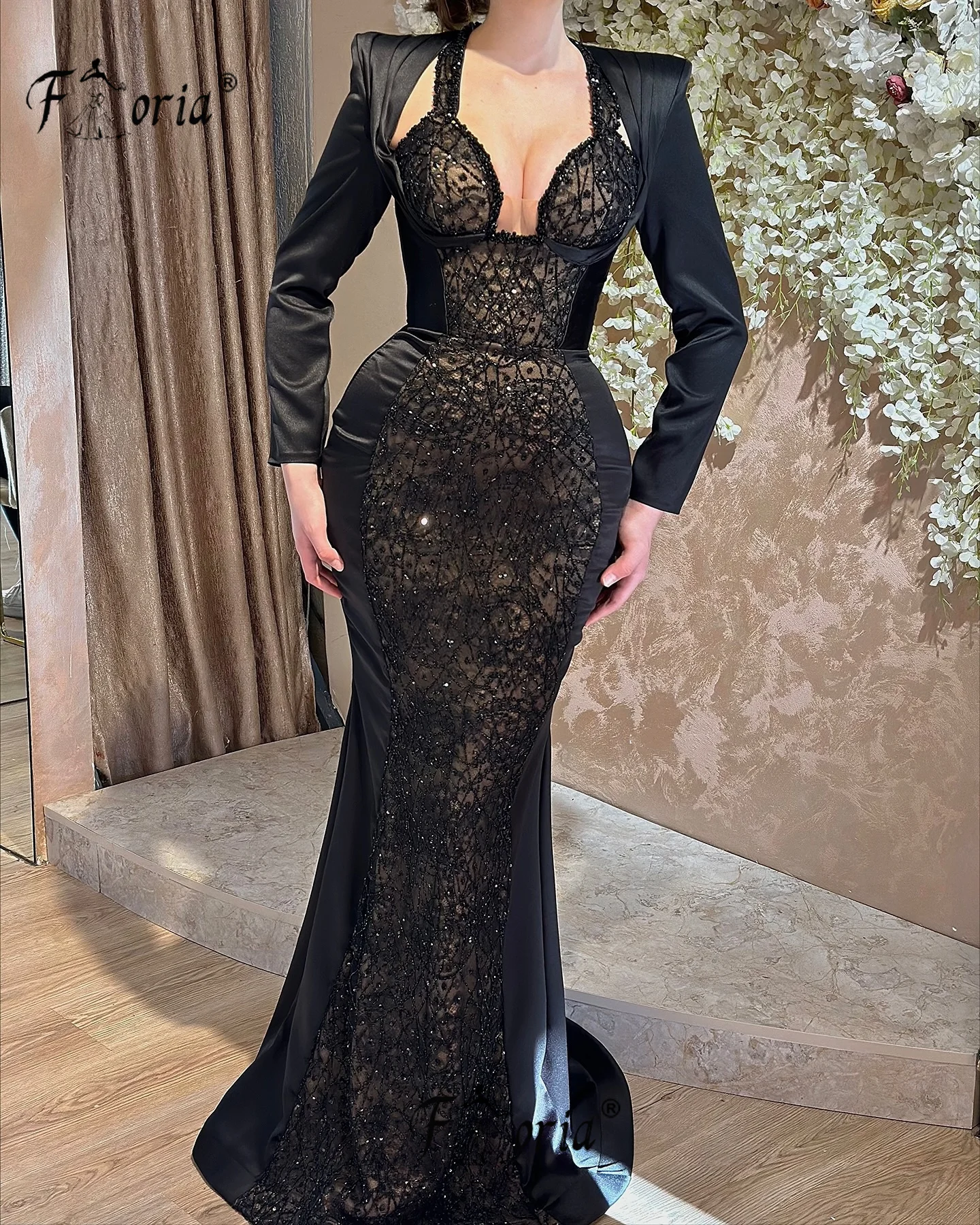 

Элегантное черное вечернее платье русалки 2025 года, атласные вечерние платья с длинными рукавами и бисером, вечерние платья для выпускного вечера по индивидуальному заказу, вечерние платья знаменитостей