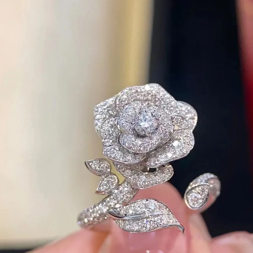 

zirconia white Rose Ring for Women Wedding Evening Party Jewelry Flower Opening Ring Female Gift