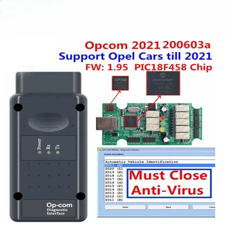 

OPCOM 2021 200603a OP-COM V1.95 OPEL Diagnostic Instrument FT232RQ PIC18F458