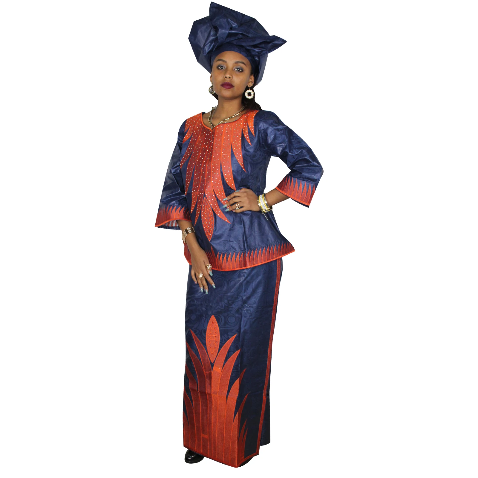 African Dresses For Women 3/4 Sleeve Top With Wrapper And Scarf 3pieces One Set 2 Size Smaller Than Us Size