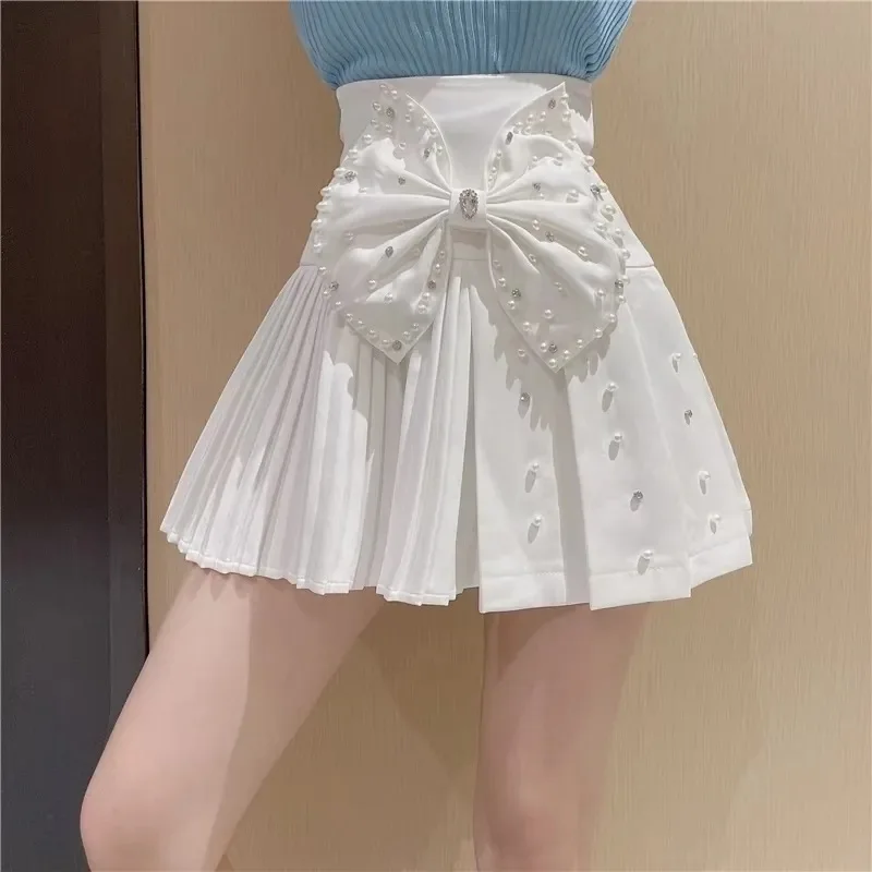 

Pure Desire Style Heavy Duty Rhinestone Beaded Bow Skirt Women Summer High Waist Slimming Sweet Pleated Mini Skirt