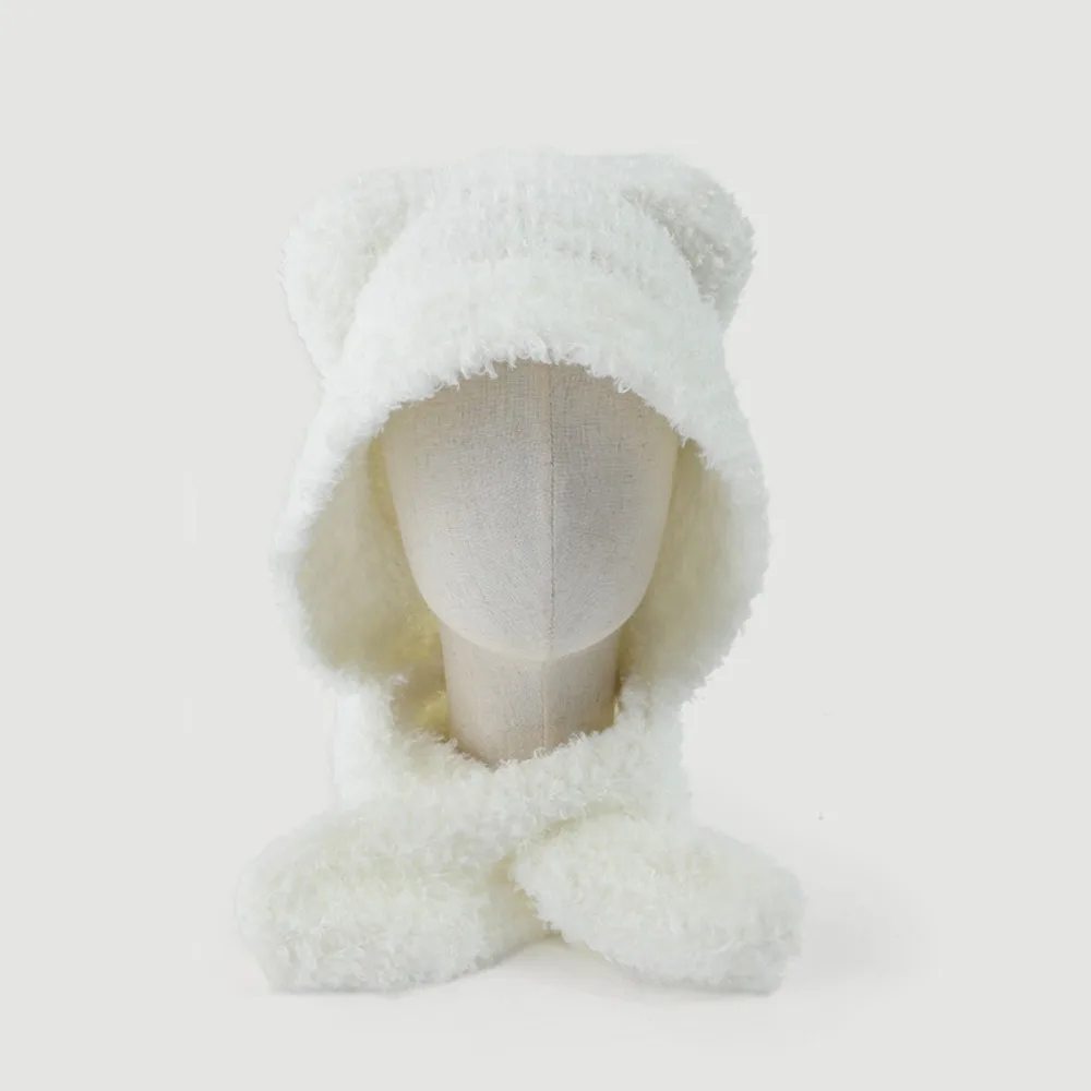 

Теплая шапка с медвежьими ушками из мультфильма, мягкие милые шапочки, бархатная утолщенная шапка, шарф, интегрированная зима